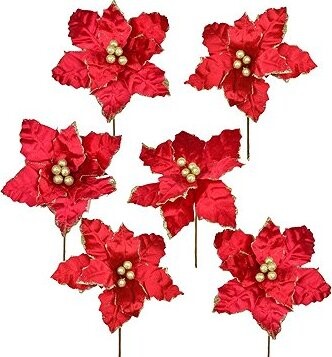 DOMMIO Poinsetia kvet – zápich textilný, priemer 25 cm, 6 ks, trblietavá červená