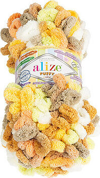 BELLATEX Priadza Puffy color 100 g - 6528 biela, béžová, žltá, zelená