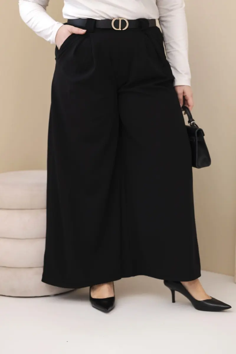 Kesi Włoski Dámske nohavice Plus Size viskózové so širokým nohavcom a pásom čierne