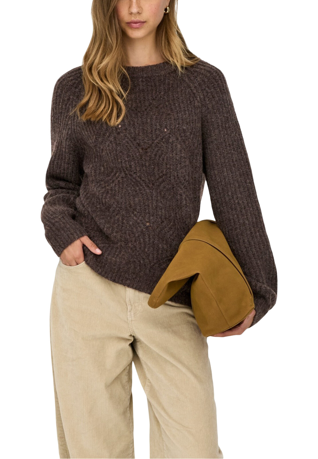 Hnedý sveter Only s okrúhlym výstrihom