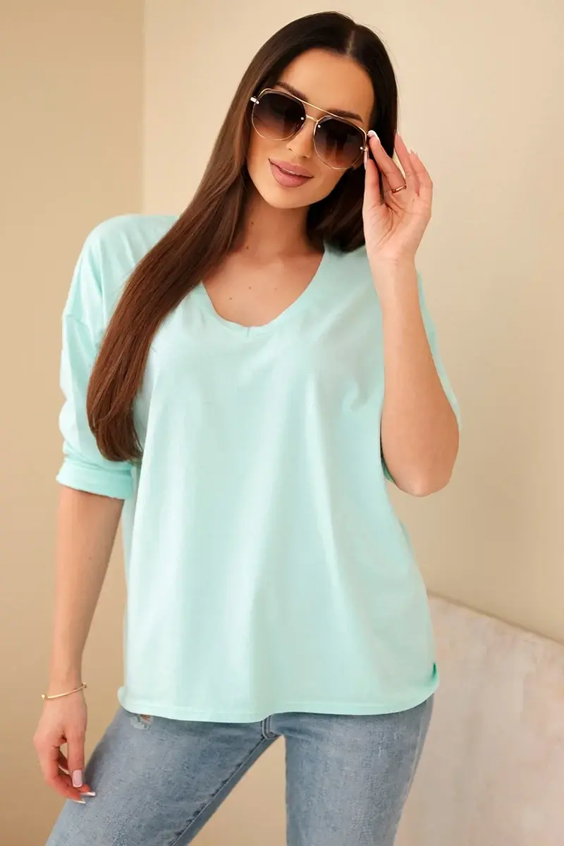 Kesi Włoski Dámska bavlnená blúzka s výstrihom do V a dlhým rukávom mätová