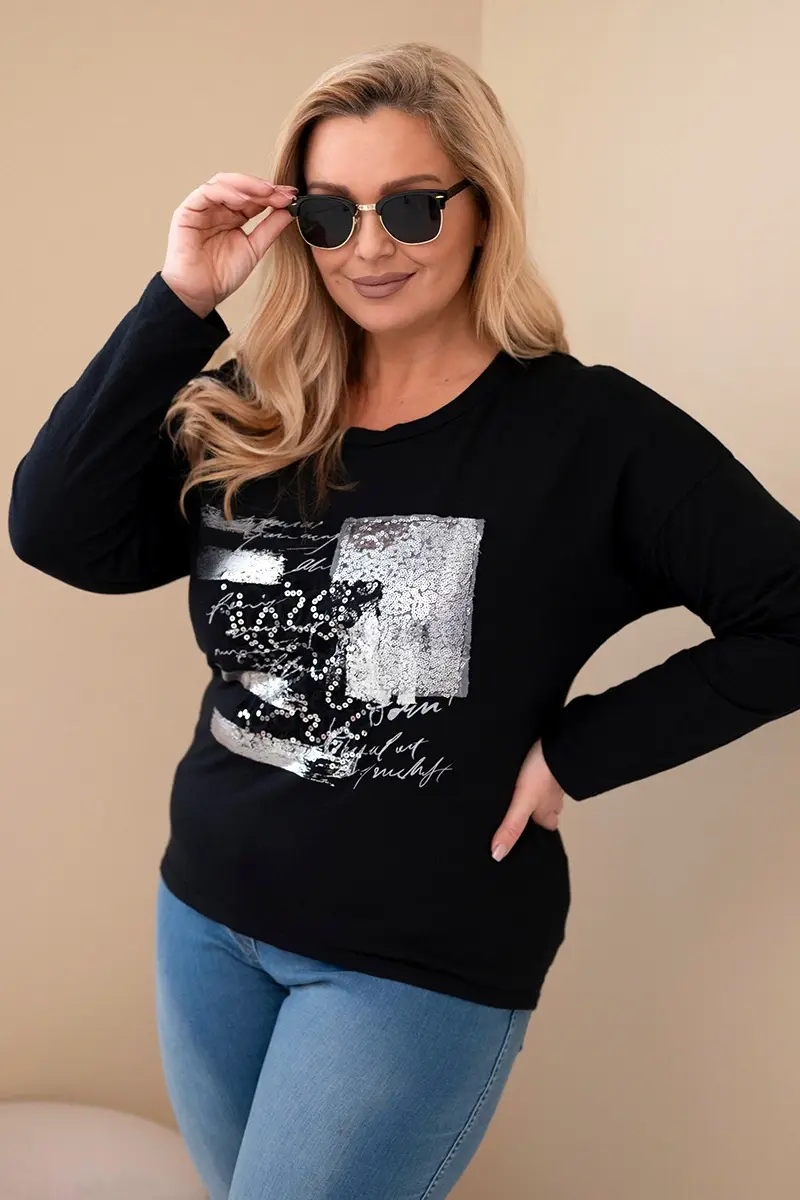 Kesi Włoski Dámska blúzka Plus Size s potlačou a predĺženým zadkom čierna