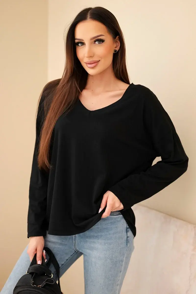 Kesi Włoski Dámska bavlnená blúzka s V výstrihom a dlhým rukávom čierna