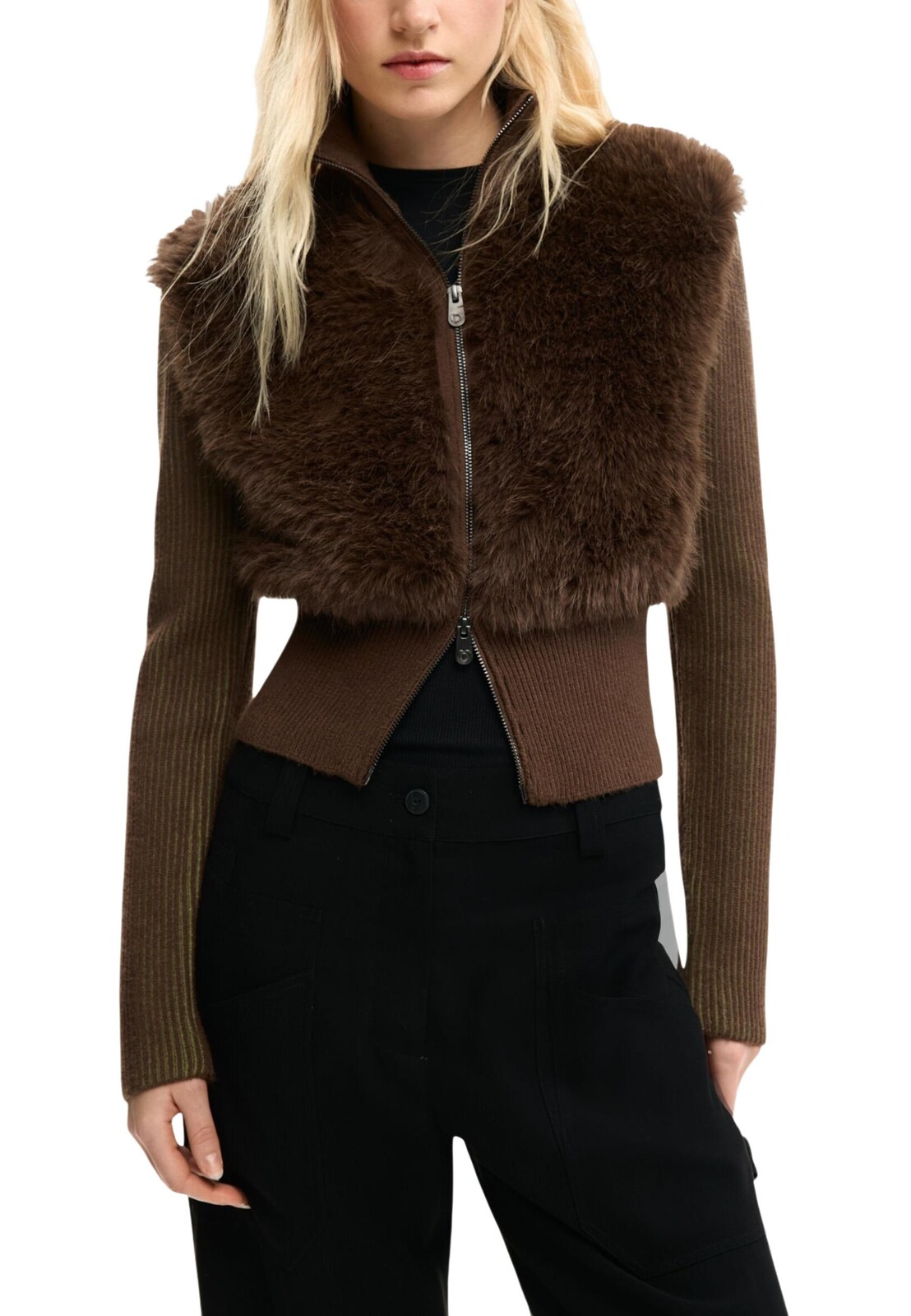 Desigual hnedý kardigan s umelou kožušinou