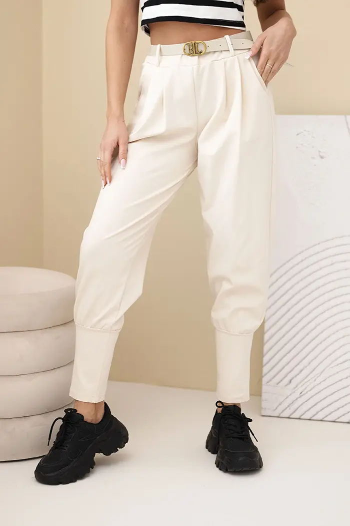 Kesi Włoski Dámske bavlnené nohavice s vysokým pásom a opaskom béžová