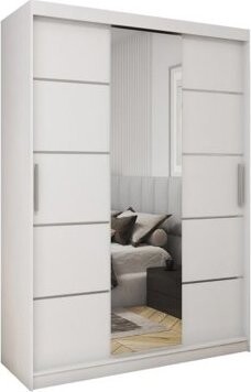 Nejlevnější nábytek Šatní skříň REBECA 150 se zrcadlem, 4 šuplíky a 2 šatními tyčemi, bílý mat