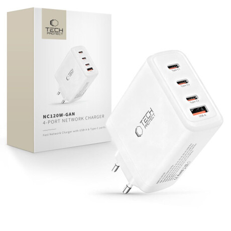 Tech-Protect NC120W GaN sieťová nabíjačka USB / 3x USB-C 120W PD QC, biela