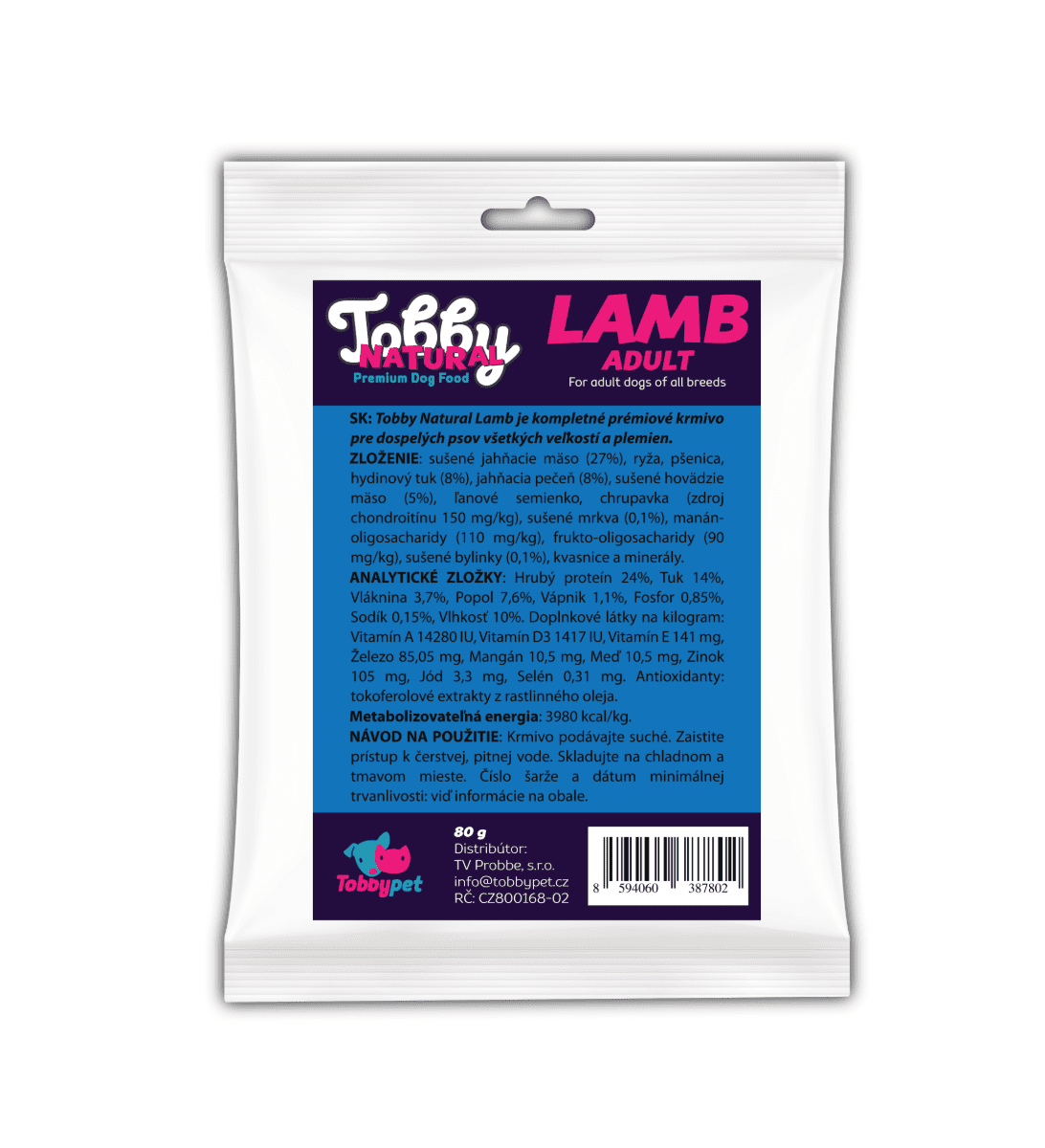 Vzorka - Tobby Natural Adult Dog Lamb - 80g