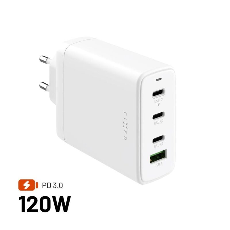 FIXED Sieťová GaN nabíjačka s 3xUSB-C a USB výstupom a podporou PD 3.0, 120W, biela FIXCG120-3C1A-WH