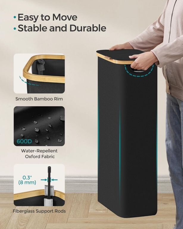 Úzky košík na bielizeň 65 l, čierny, bambusový okraj