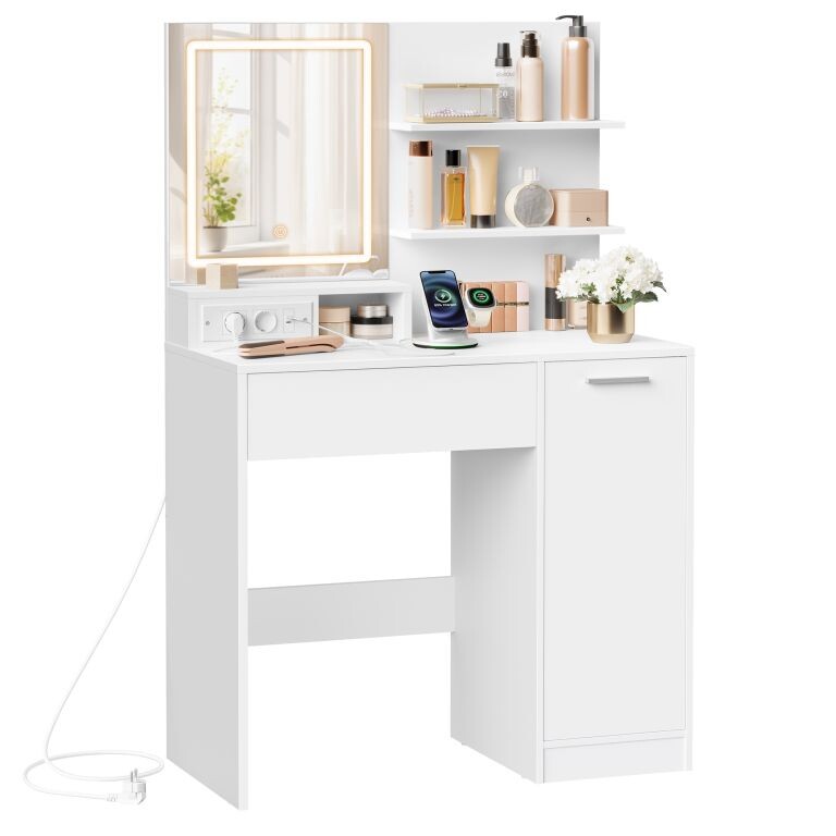 Kozmetický stolík s LED zrkadlom, USB, biely, 80x40x132,5 cm