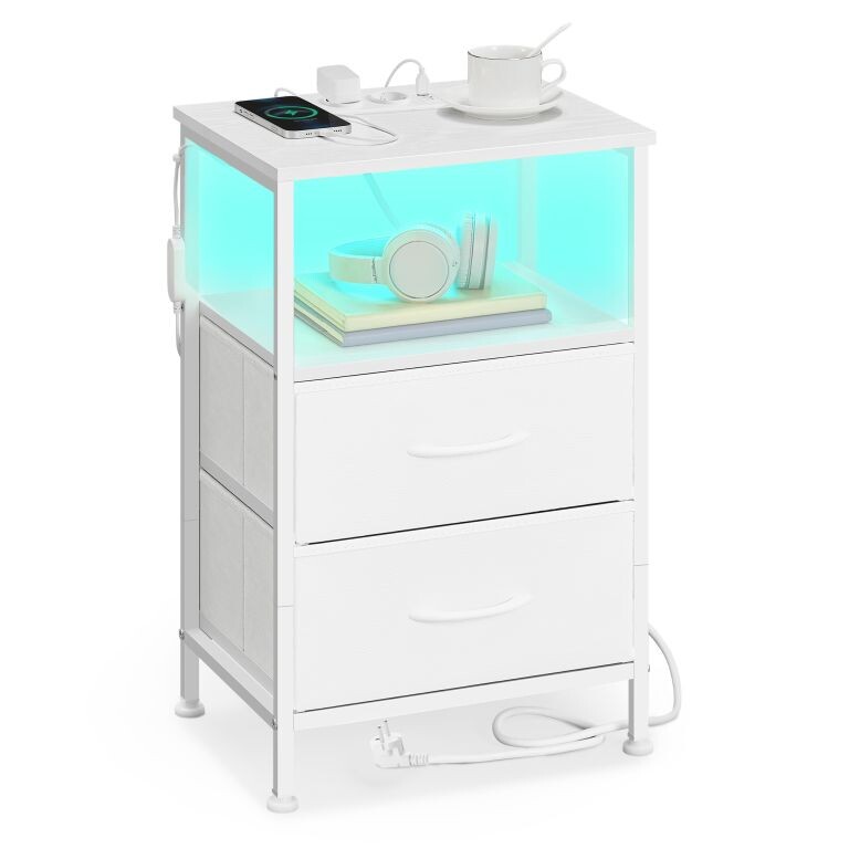 Biely nočný stolík s LED, USB a zásuvkami, 39,6x30x60,4 cm