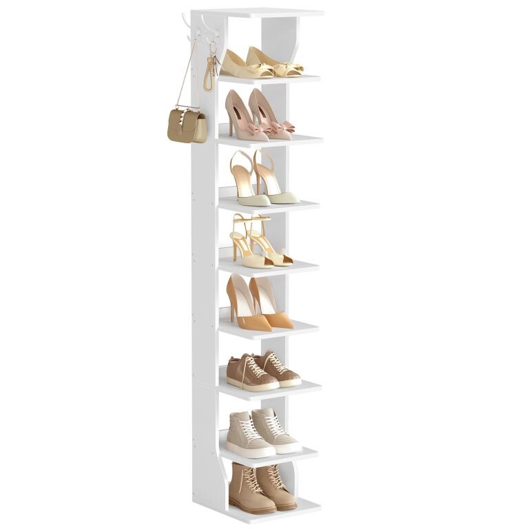 Biely úzky botník s háčikmi, 9 políc, 26,5 x 30 x 147 cm