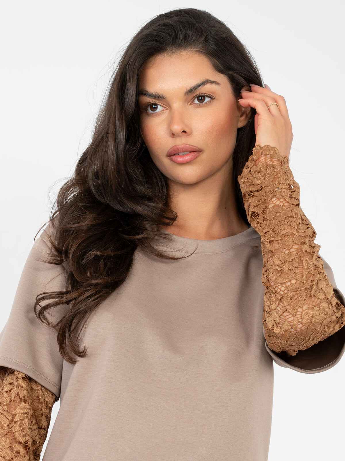 Blúzka s čipkovanými rukávmi, tmavá béžová