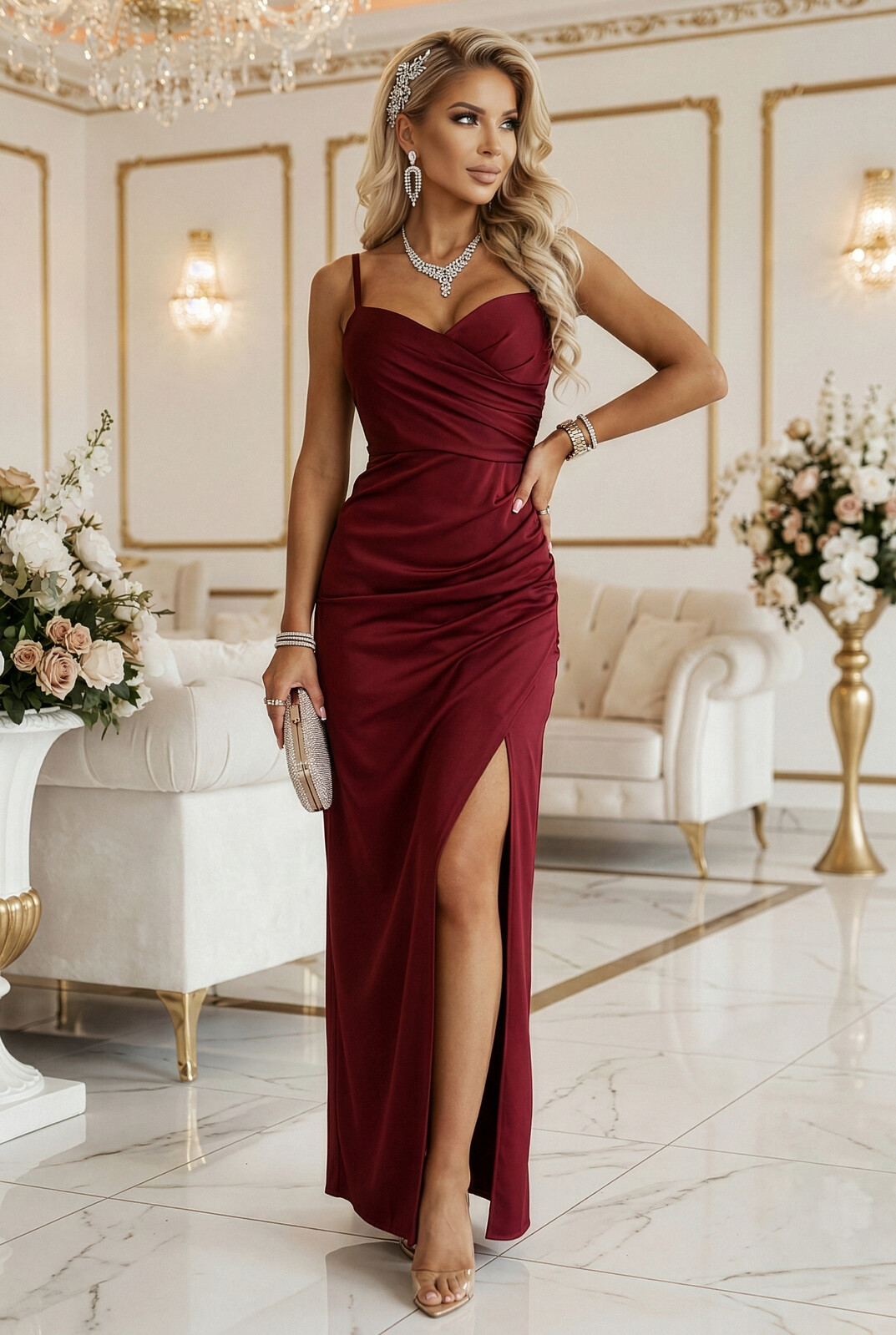 Bordové maxi šaty s rozparkom