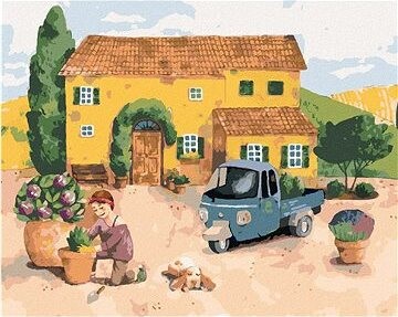 Zuty – Maľovanie Podľa Čísel – Žena Sadiaca Kvety Pri Dome V Provensálsku, 80 × 100 cm, Plátno + Rám