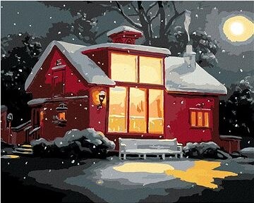 Zuty – Maľovanie podľa čísel – Červený dom s veľkými oknami v zime (D. Rusty Rust), 80 × 100 cm, plátno + rám