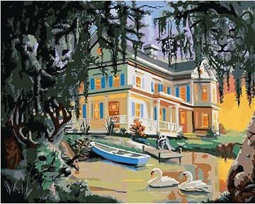Zuty – Maľovanie podľa čísel – Ilúzia zvieratá, dom a labute na jazere (D. Rusty Rust), 80 × 100 cm, plátno + rám