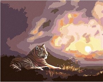 Zuty – Maľovanie podľa čísel – Ležiaci tiger a západ slnka (D. Rusty Rust), 80 × 100 cm, plátno + rám