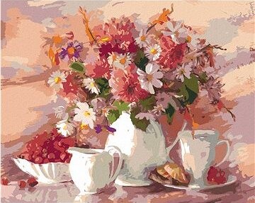 Zuty – Maľovanie Podľa Čísel – Kvety V Bielej Váze S Bielou Šálkou, 80 × 100 cm, Plátno + Rám
