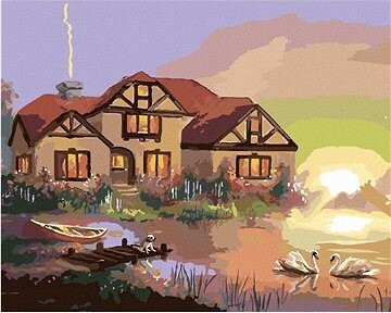 Zuty – Maľovanie podľa čísel – Labute, dom a západ slnka (D. Rusty Rust), 80 × 100 cm, plátno + rám