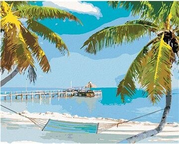 Zuty - Maľovanie podľa čísel - Pláž s hojdačkou medzi palmami (Ted Davis), 80 × 100 cm, plátno + rám