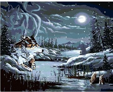 Zuty – Maľovanie podľa čísel – Spln, chata a vlk v zime (D. Rusty Rust), 80 × 100 cm, plátno + rám