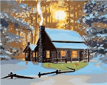 Zuty – Maľovanie podľa čísel – Chata v zime a západ slnka (D. Rusty Rust), 80 × 100 cm, plátno + rám
