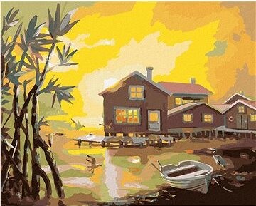 Zuty – Maľovanie podľa čísel – Domy s mólom pri jazere, volavka a čajky a západ Slnka (D. Rusty Rust), 80 × 100 cm, plátno + rám