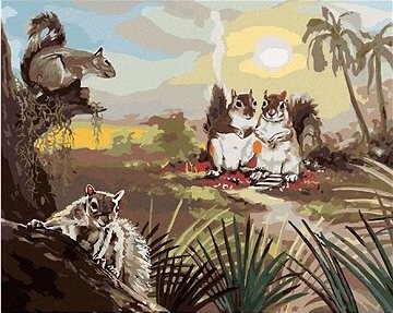 Zuty – Maľovanie podľa čísel – Veveričky a západ slnka (D. Rusty Rust), 80 × 100 cm, plátno + rám