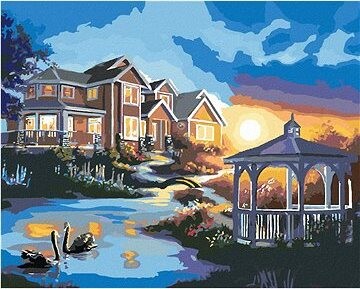 Zuty – Maľovanie podľa čísel – Labute, altánok pri dome a západ slnka (D. Rusty Rust), 80 × 100 cm, plátno + rám