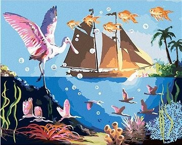 Zuty – Maľovanie podľa čísel – More, vtáky, ryby, loď a západ slnka (D. Rusty Rust), 80 × 100 cm, plátno + rám