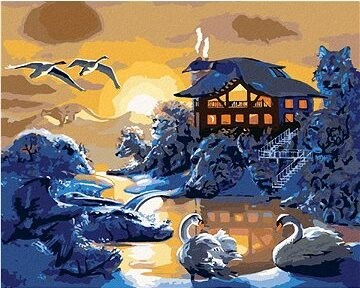 Zuty – Maľovanie podľa čísel – Zvieratá pri dome a západ slnka (D. Rusty Rust), 80 × 100 cm, plátno + rám