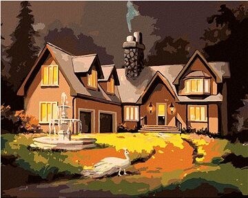 Zuty – Maľovanie podľa čísel – Páv a dom s fontánou (D. Rusty Rust), 80 × 100 cm, plátno + rám