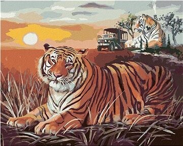 Zuty – Maľovanie podľa čísel – Tiger a západ slnka na savane (D. Rusty Rust), 80 × 100 cm, plátno + rám