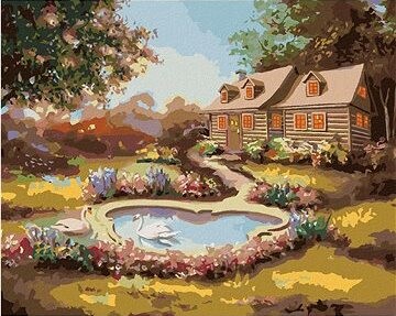 Zuty – Maľovanie podľa čísel – Labute, kvety a dom (D. Rusty Rust), 80 × 100 cm, plátno + rám