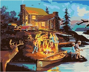 Zuty – Maľovanie podľa čísel – Táborák pri chate, jeleň a sova (D. Rusty Rust), 80 × 100 cm, plátno + rám