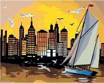 Zuty – Maľovanie Podľa Čísel – Plachetnica, Mrakodrapy A Západ Slnka (D. Rusty Rust), 80 × 100 cm, Plátno + Rám