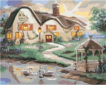 Zuty – Maľovanie podľa čísel – Labute na jazere a dom s altánkom (D. Rusty Rust), 80 × 100 cm, plátno + rám