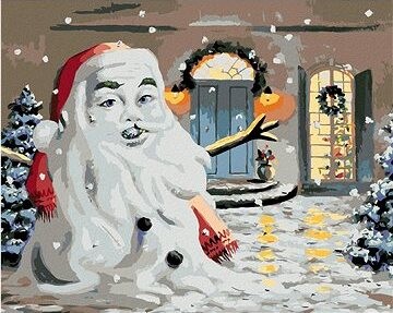 Zuty – Maľovanie podľa čísel – Snehuliak v tvare Santy pri dome (D. Rusty Rust), 80 × 100 cm, plátno + rám