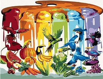 Zuty – Maľovanie podľa čísel – Farby dúhy, vtáky, ovocie a zelenina (D. Rusty Rust), 80 × 100 cm, plátno + rám