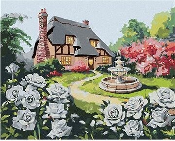 Zuty – Maľovanie podľa čísel – Biele ruže a dom s fontánou (D. Rusty Rust), 80 × 100 cm, plátno + rám