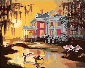 Zuty – Maľovanie podľa čísel – Kočiar s bielym koňom pri dome, vtáky a západ slnka (D. Rusty Rust), 80 × 100 cm, plátno + rám