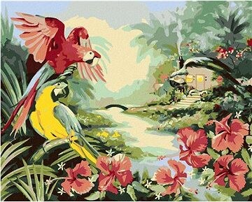 Zuty – Maľovanie podľa čísel – Papagáj Ara a kvety vedľa rieky a chaty (D. Rusty Rust), 80 × 100 cm, plátno + rám