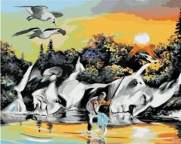 Zuty – Maľovanie podľa čísel – Muž chytajúci ryby, siluety politikov a západ slnka (D. Rusty Rust), 80 × 100 cm, plátno + rám