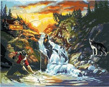 Zuty – Maľovanie Podľa Čísel – Rybáriaci Muž, Vodopád A Vlk (D. Rusty Rust), 80 × 100 cm, Plátno + Rám