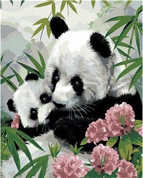 Maľovanie podľa čísel – Panda s mláďaťom a ružové kvety (Howard Robinson), 40 × 50 cm, bez rámu a bez napnutia plátna