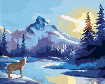 Zuty – Maľovanie podľa čísel – Vyjúci vlk, slnko a hory (D. Rusty Rust), 80 × 100 cm, plátno + rám