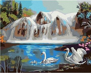 Zuty – Maľovanie podľa čísel – Labute na jazere a vodopád (D. Rusty Rust), 80 × 100 cm, plátno + rám