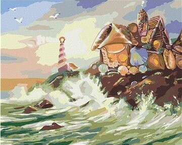 Zuty – Maľovanie Podľa Čísel – Dom A Maják Z Mušlí A Vlny (D. Rusty Rust), 80 × 100 cm, Plátno + Rám